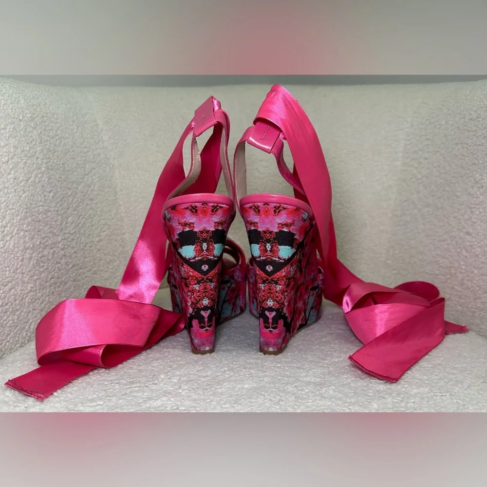 Kirna Zabete wedge platform pink floral flowers ballerina satin leg wrap tie bow